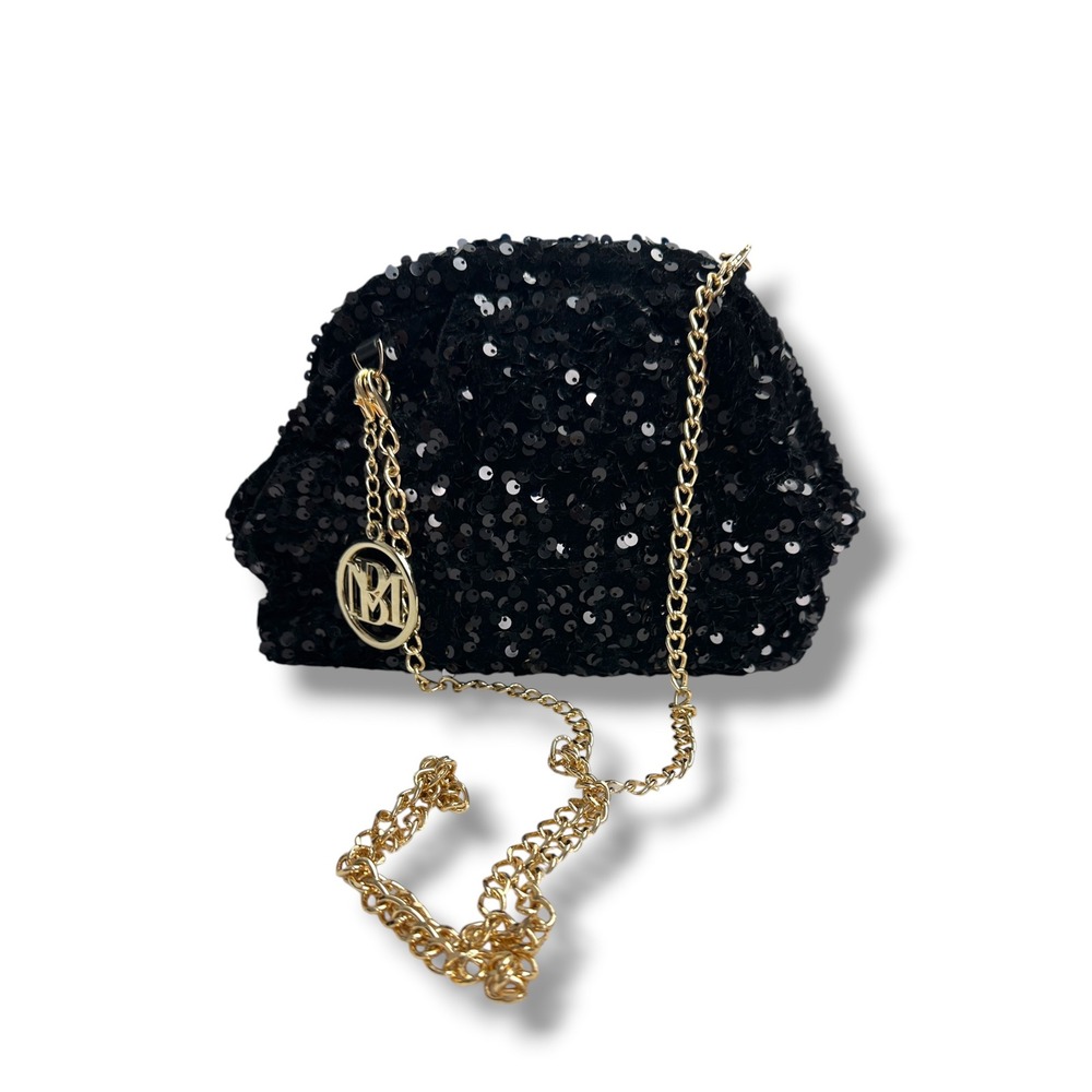Badgley Mischka Sequin Pouch Bag Women OS Black Gold Chain Evening Clutch
